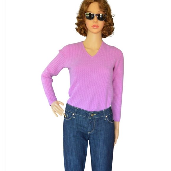 Ann Taylor Cashmere Fuchsia Pink V-Neck Sweater 2 Ply Preppy Womens Size Medium - Picture 1 of 9